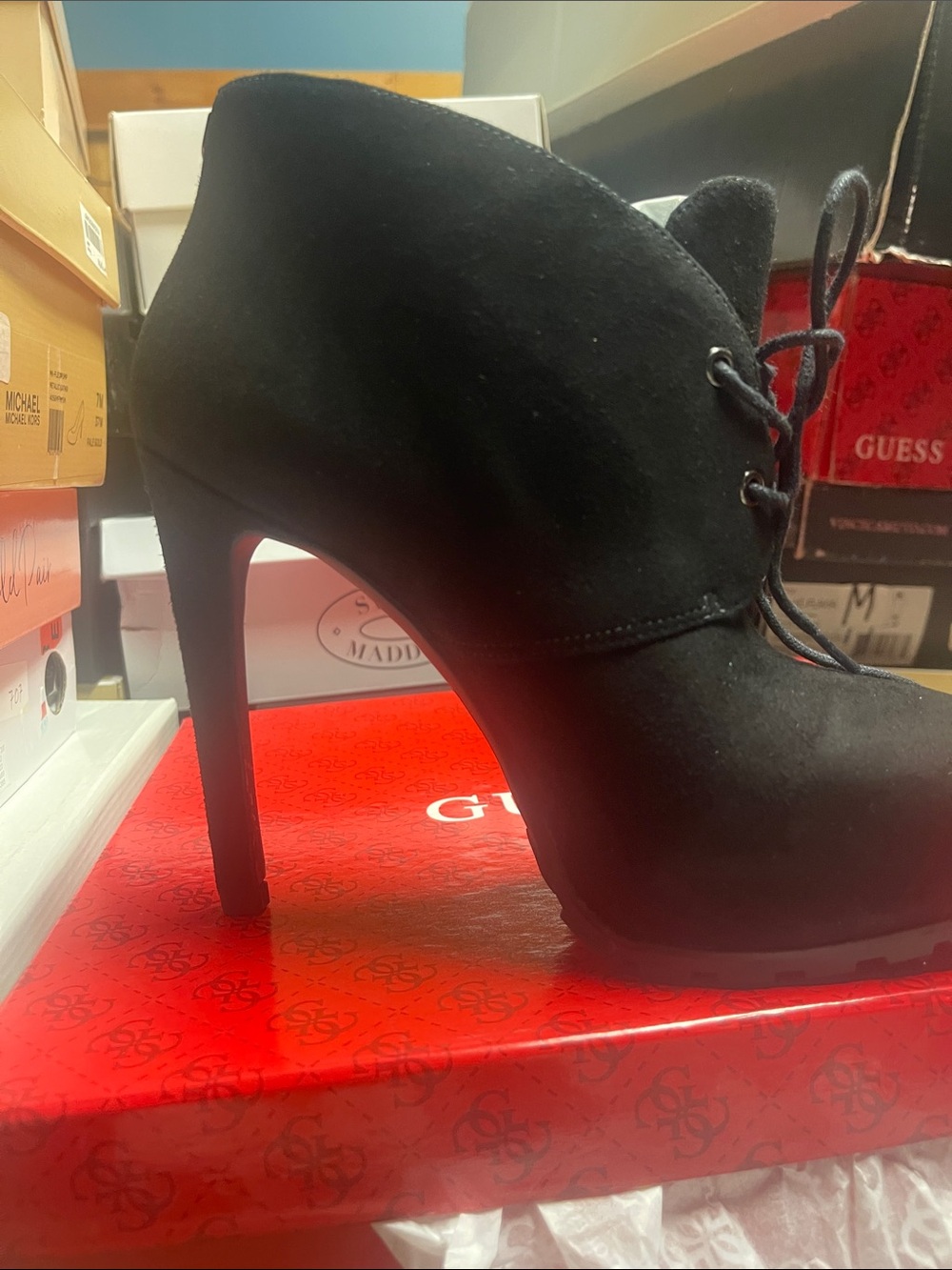 Guess Black Suede Lace-Up Stiletto Ankle Boot